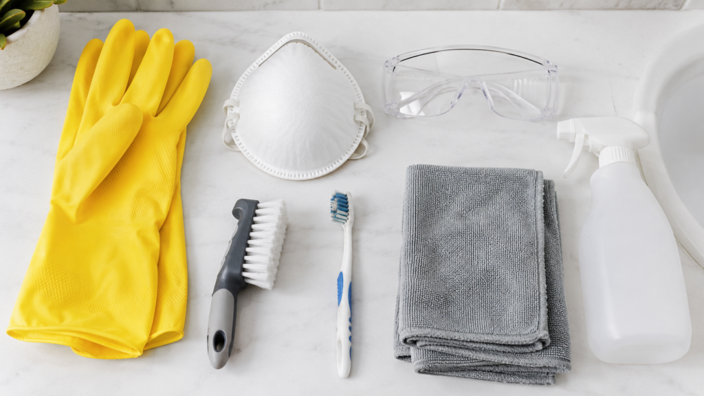 rubber gloves, N95 mask, goggles, spray bottle, and brushes laid out to clean shower mold safely